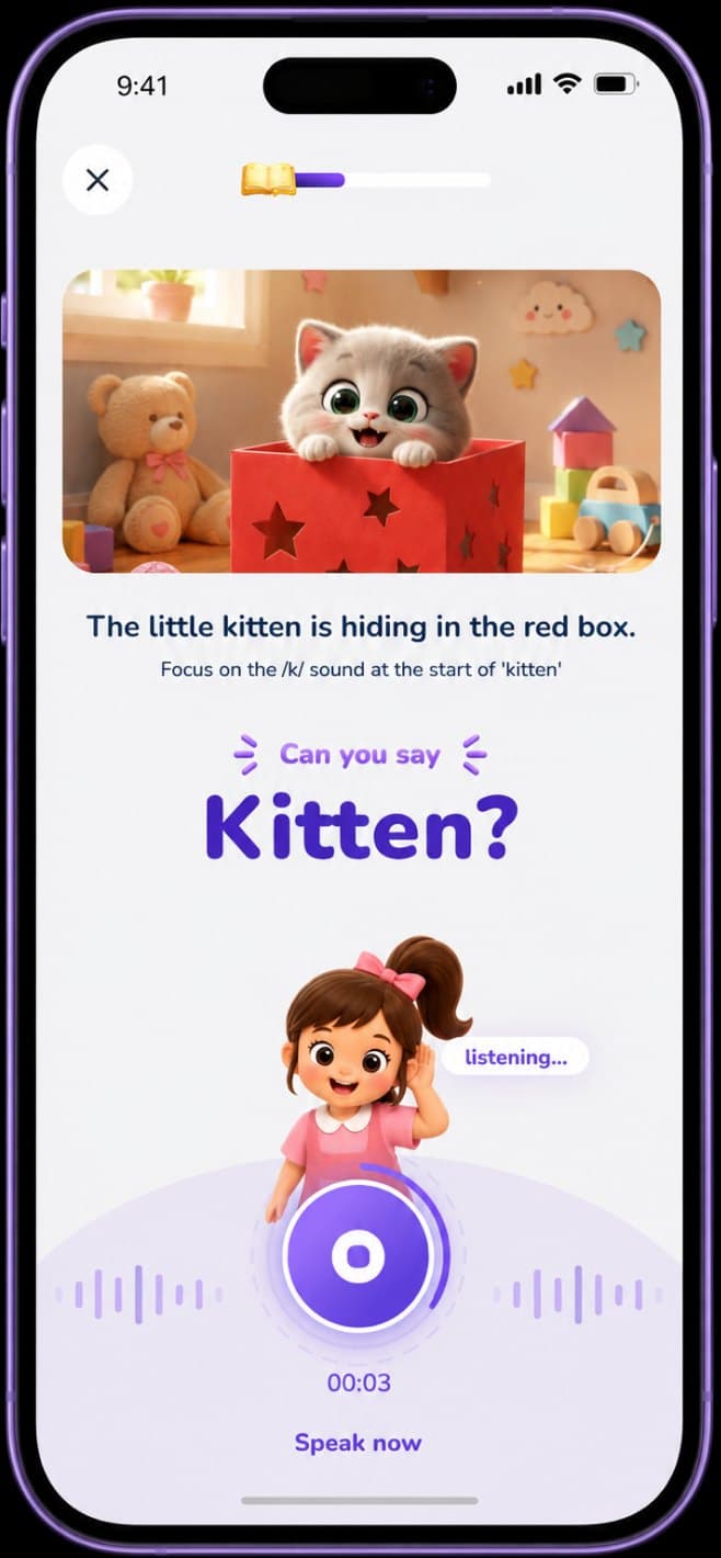 Screening app: “Can you say Kitten?” speaking exercise