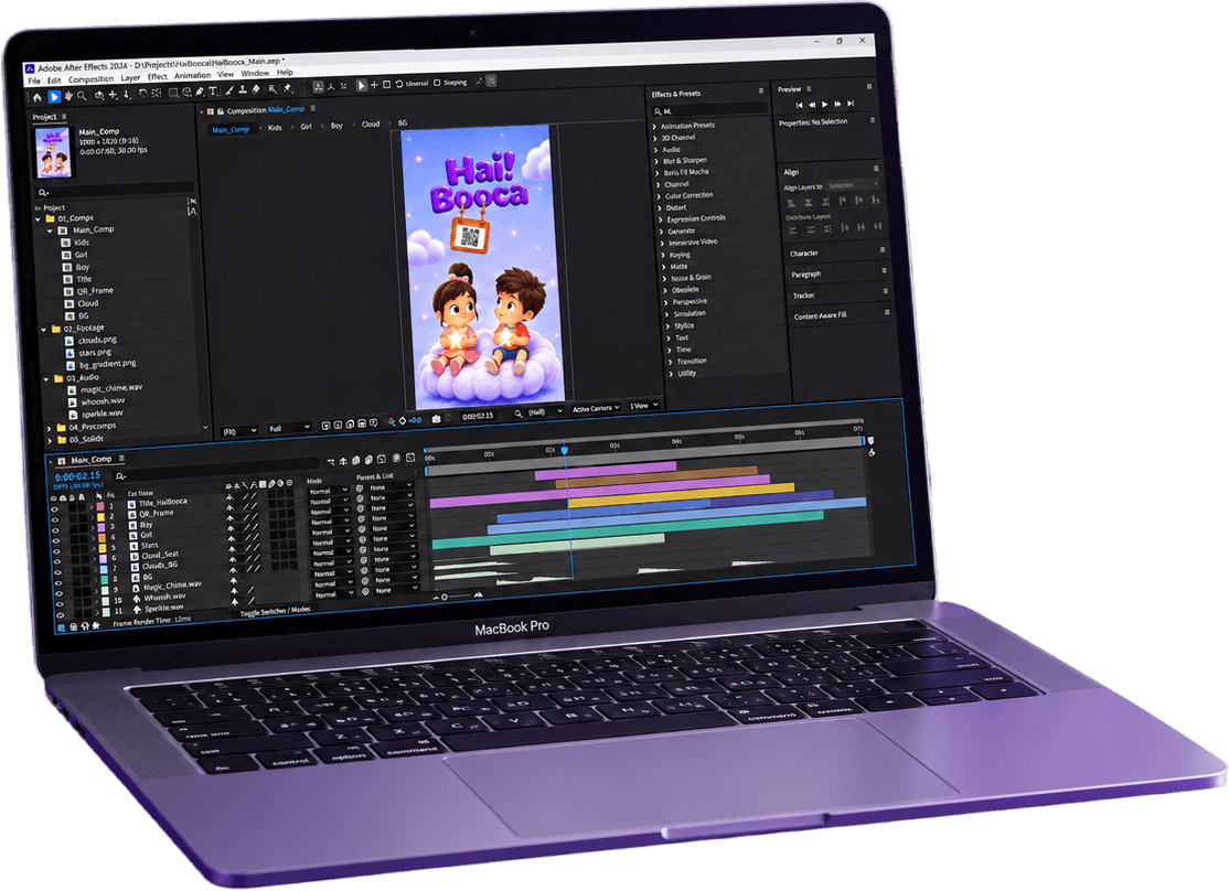 Laptop showing the Hai Booca animation timeline