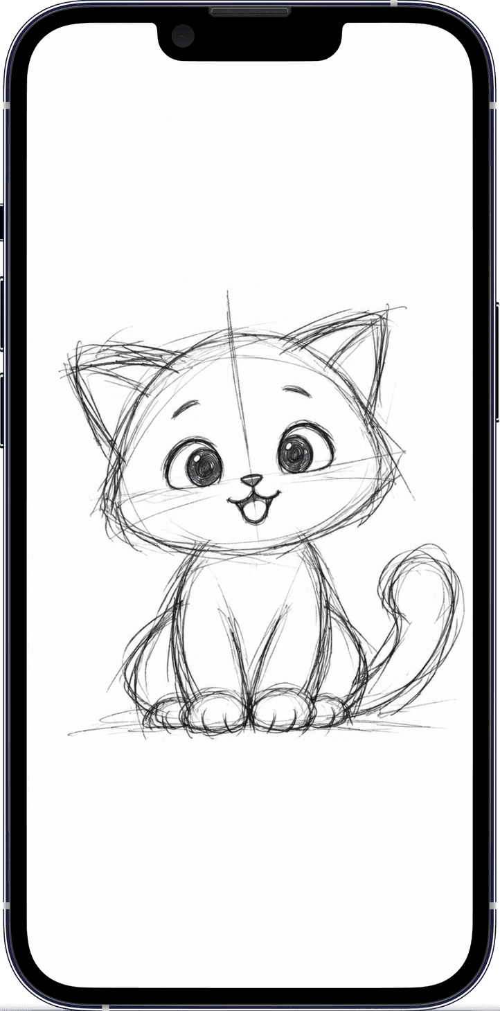 Rough pencil sketch of the kitten on a phone screen