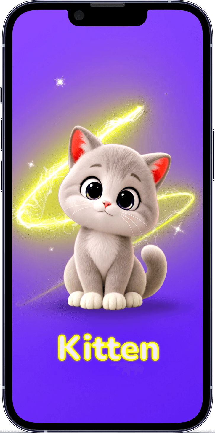 The fully rendered kitten above the word Kitten