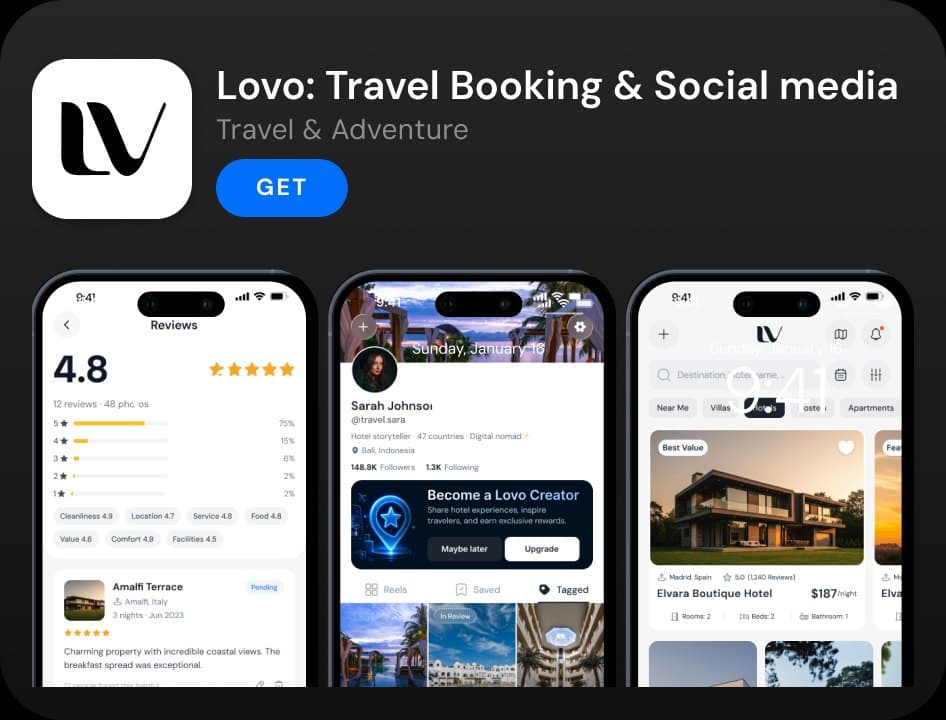 App Store listing: “Lovo: Travel Booking & Social media”, with three app screens