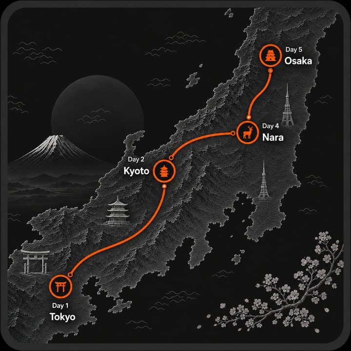 Trip map of Japan: Day 1 Tokyo, Day 2 Kyoto, Day 4 Nara, Day 5 Osaka
