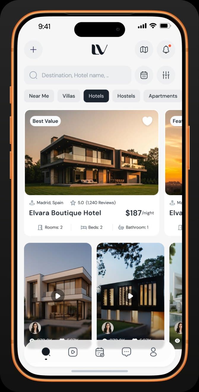 Lovo app on an orange iPhone: search, stay filters and hotel listings