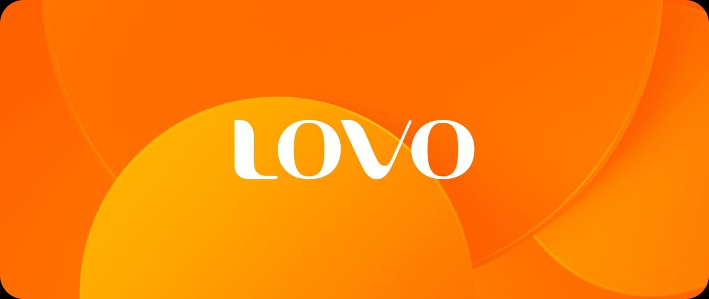 Lovo wordmark in white on warm orange shapes