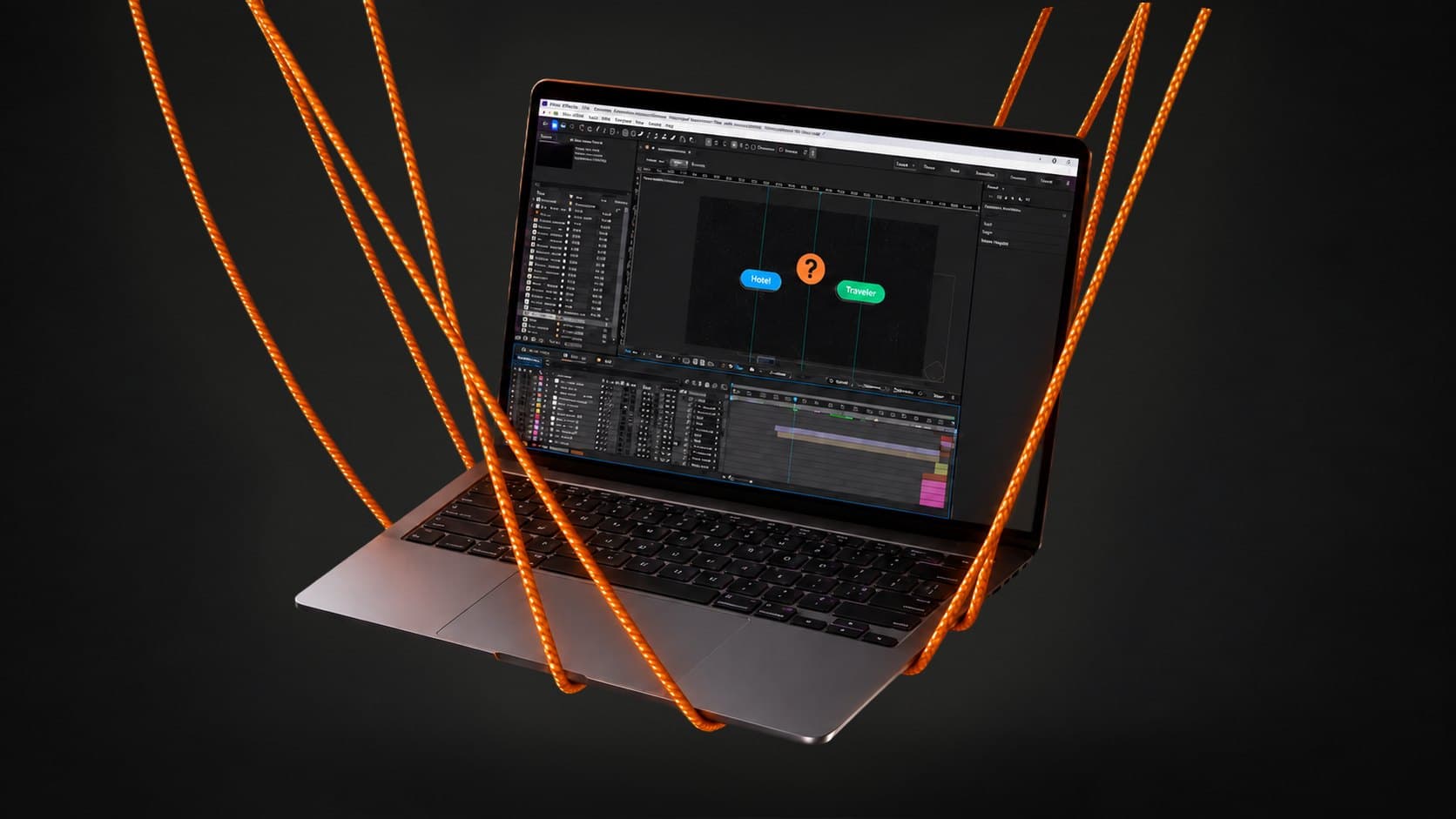 Laptop hanging from orange ropes, an animation timeline for the Lovo teaser on screen