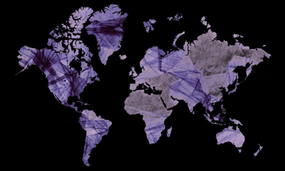 A world map in the purple Lovo pattern