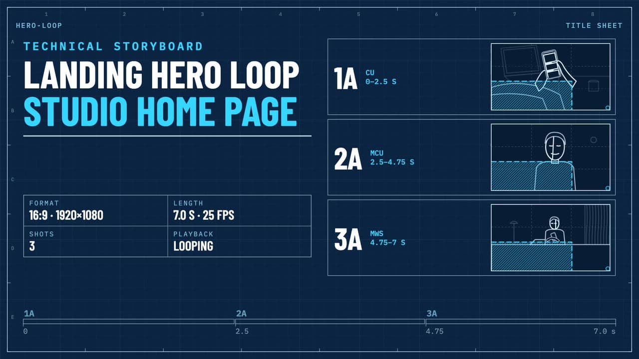 Technical storyboard of the studio showreel loop: three planned shots