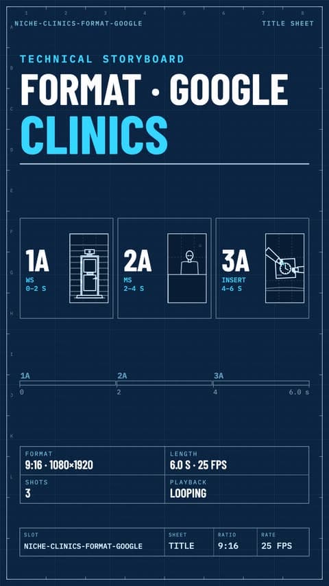 Technical storyboard of the clinic Google cut: three planned shots