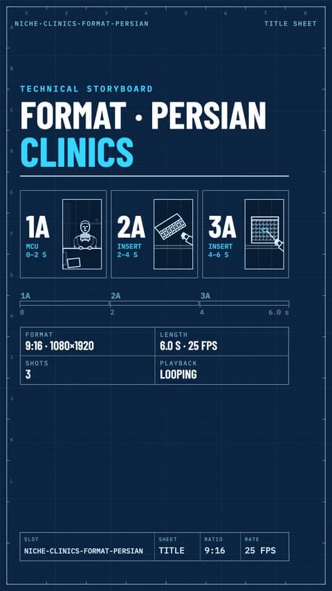 Technical storyboard of the clinic Persian-line cut: three planned shots