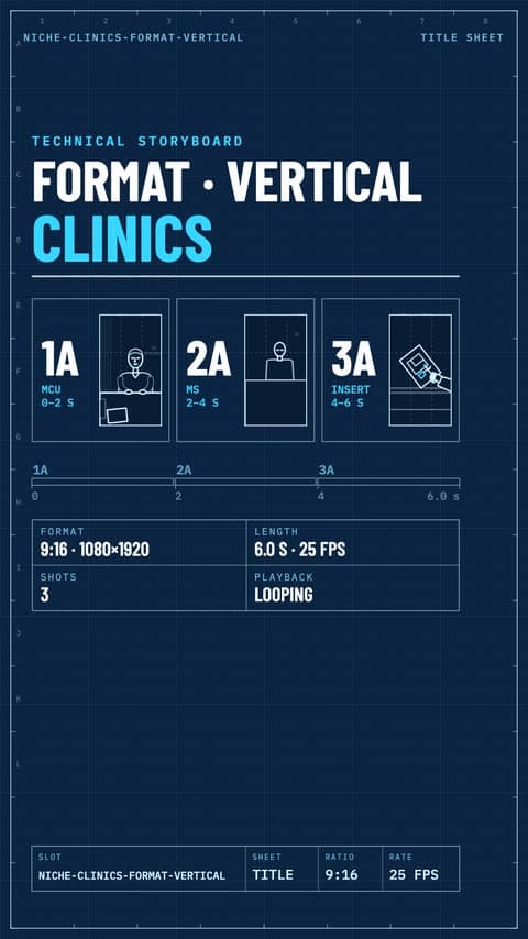 Technical storyboard of the clinic vertical clip: three planned shots
