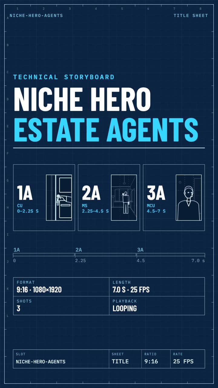 Technical storyboard of the estate agent hero film: three planned shots