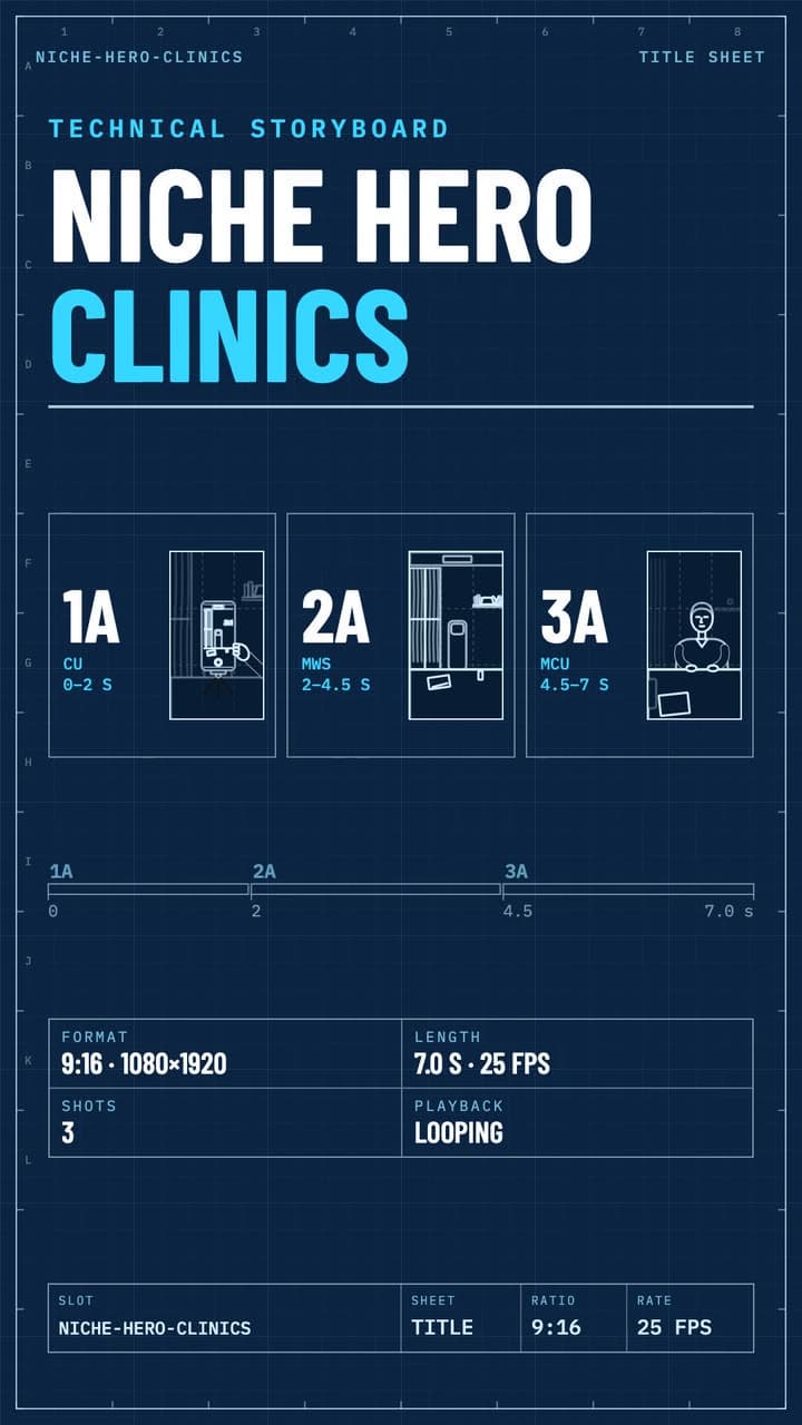 Technical storyboard of the clinic hero film: three planned shots