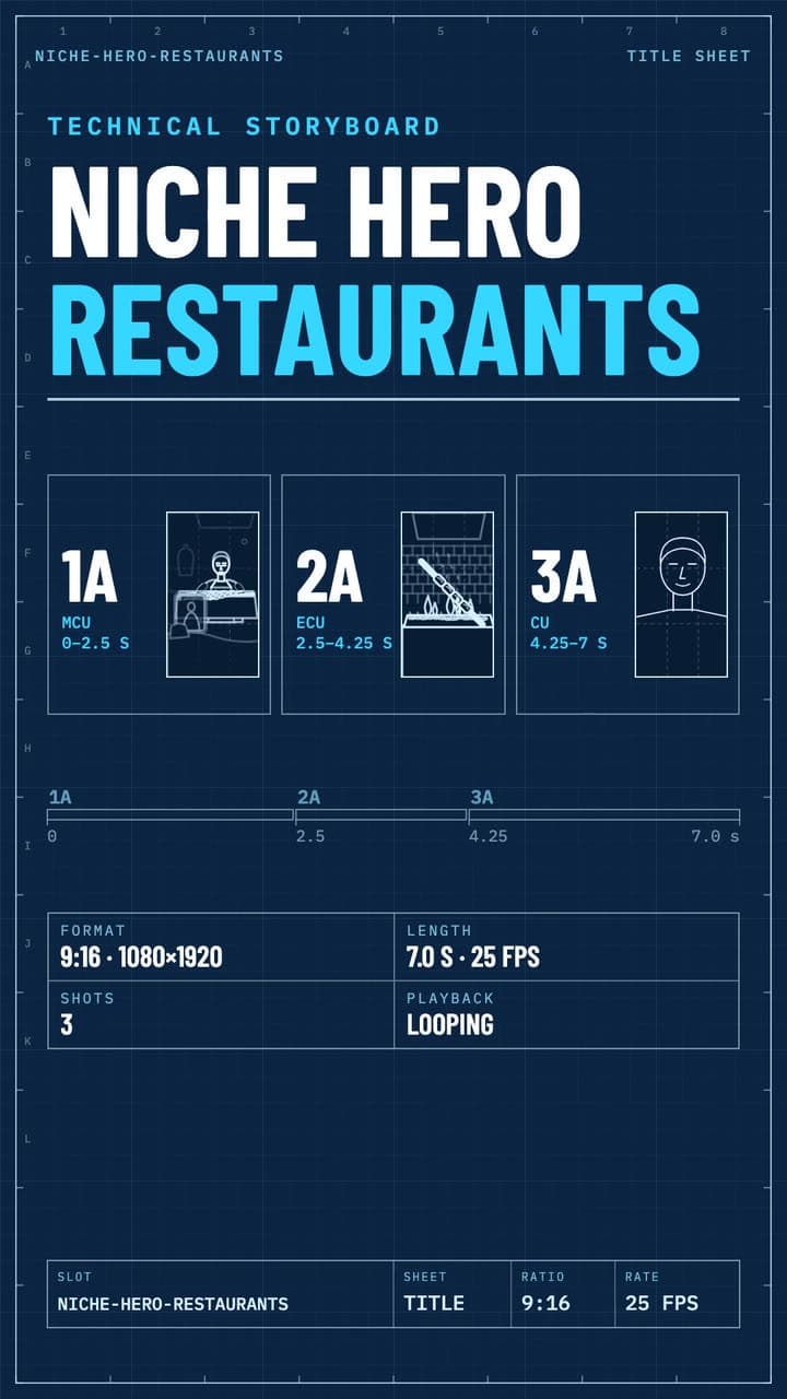 Technical storyboard of the restaurant hero film: three planned shots