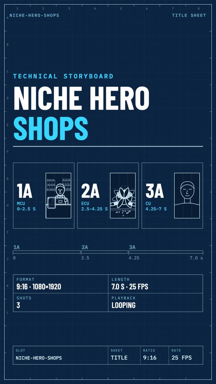 Technical storyboard of the shop hero film: three planned shots