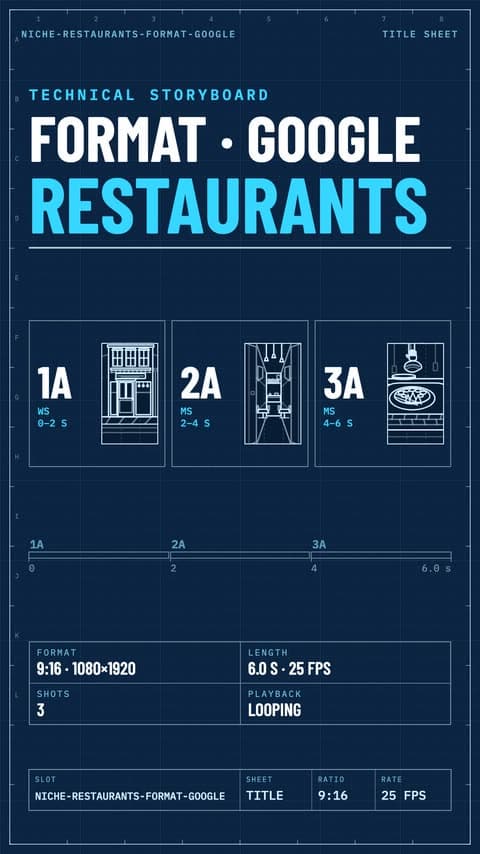 Technical storyboard of the restaurant Google cut: three planned shots