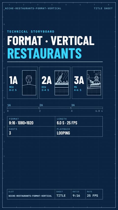 Technical storyboard of the restaurant vertical clip: three planned shots