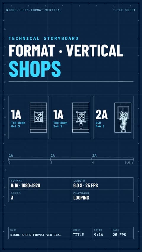 Technical storyboard of the shop vertical clip: three planned shots