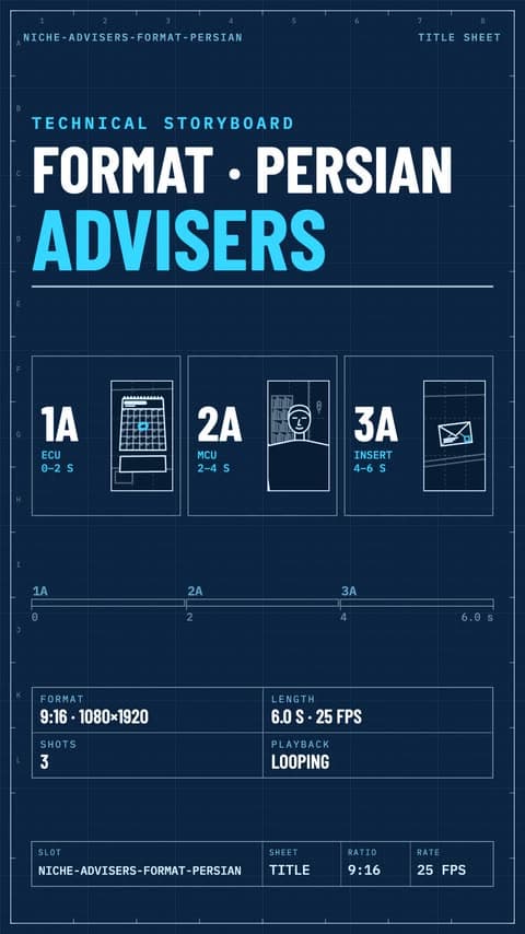 Technical storyboard of the adviser Persian-line cut: three planned shots