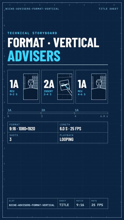 Technical storyboard of the adviser vertical clip: three planned shots