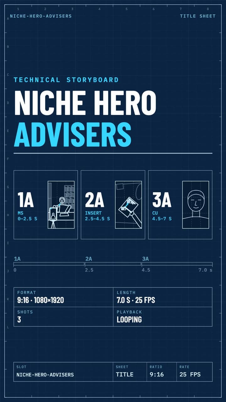Technical storyboard of the adviser hero film: three planned shots